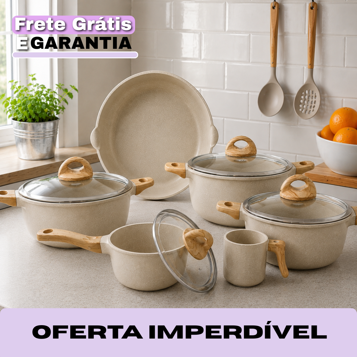 Jogo de Panelas 10 Peças em Cerâmica Premium com Tampas de Vidro Temperado