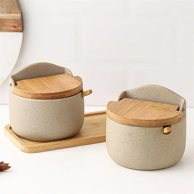 Pote de Temperos de Cerâmica Estilo Japonês com Tampa de Bambu